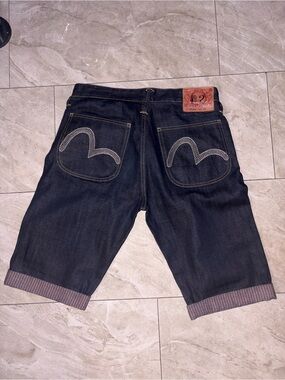 Evisu Dark Indigo Denim Shorts with Signature Back Pocket Stitch
